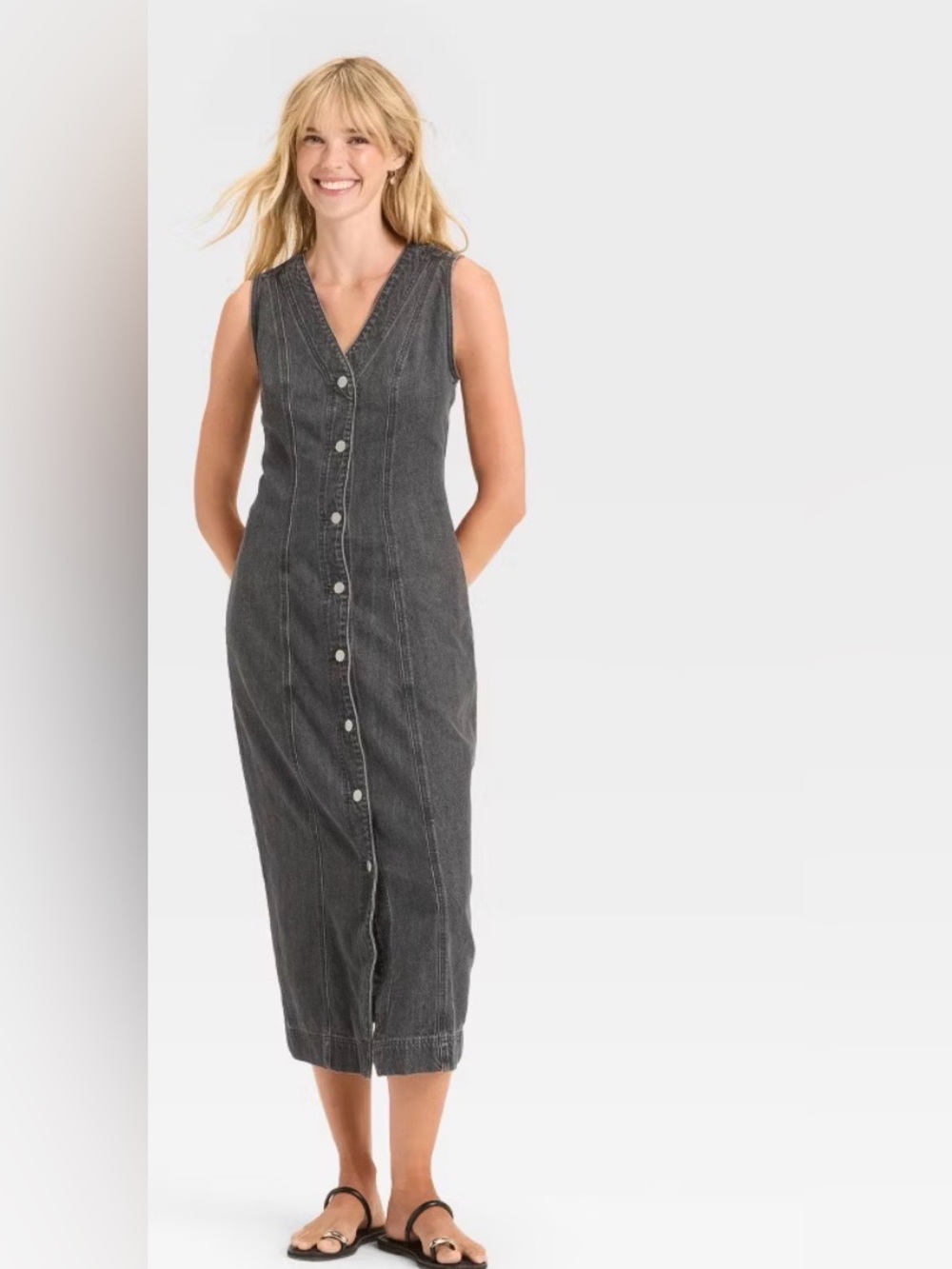Universal Thread Charcoal Sleeveless Button-Front Midi Dress